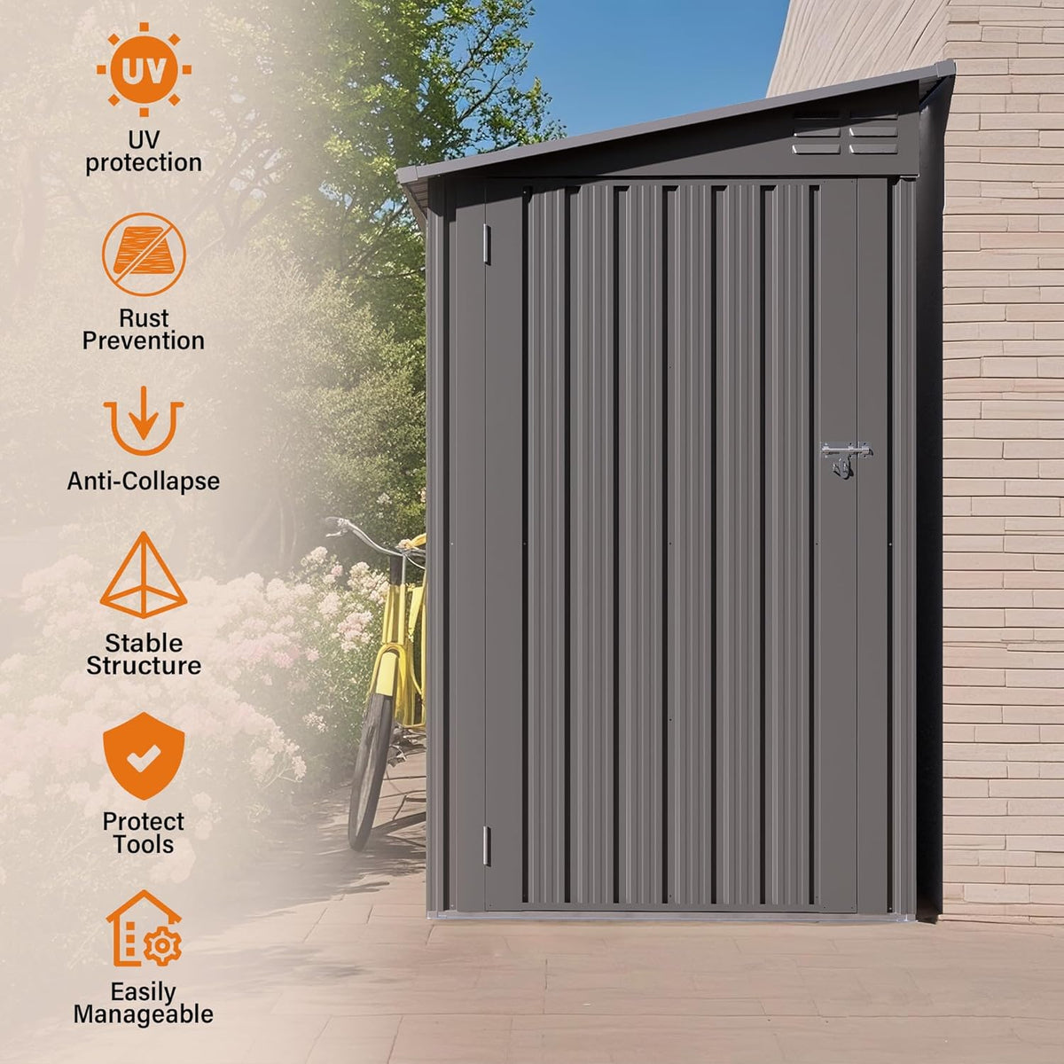 4x9 FT Lean to Shed with Windows, Metal Sheds & Outdoor Storage with 6 Vents and 1 Side Open Door, Outdoor Storage Shed Waterproof for Backyard, Garden, Patio, Gray