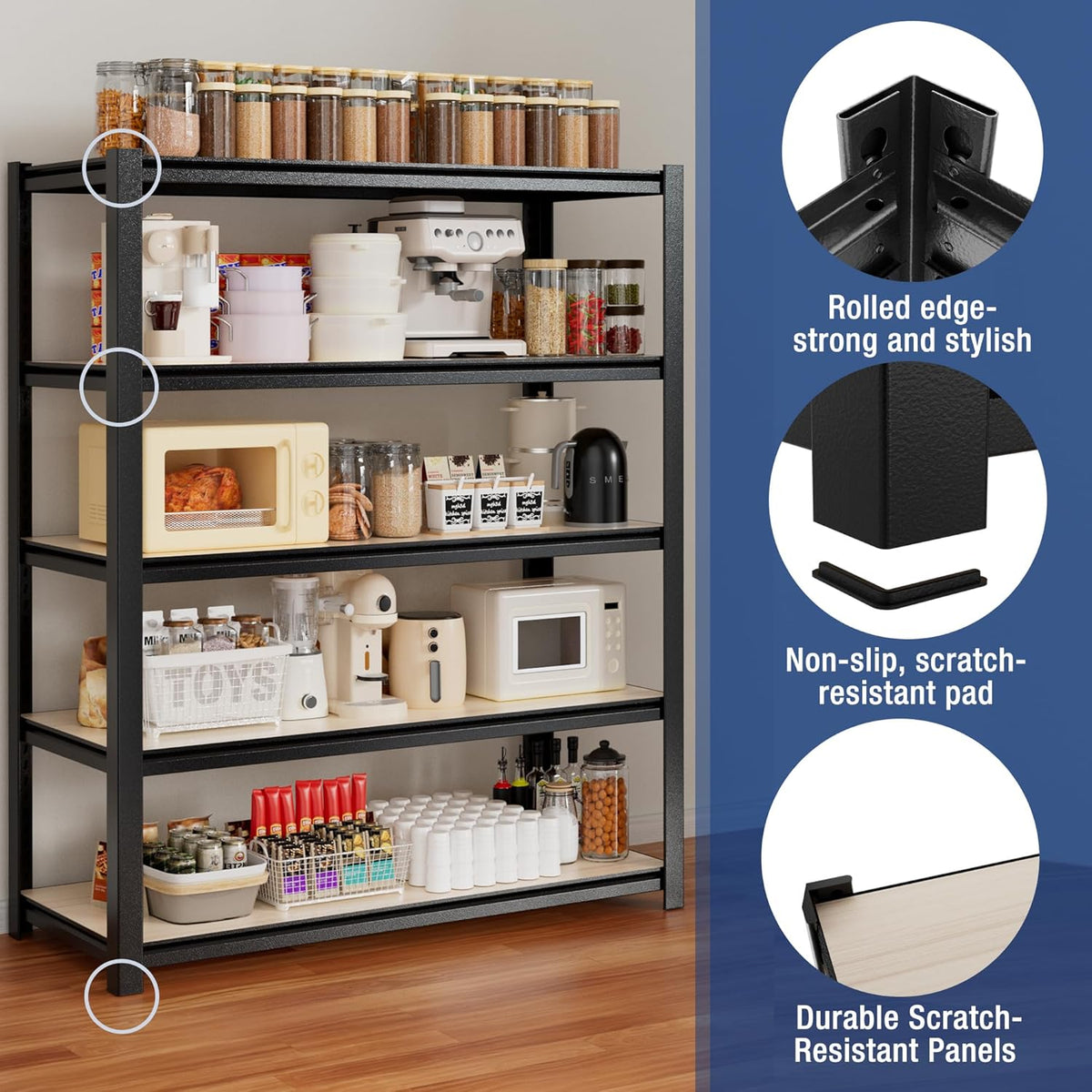 WORKPRO House 5-Tier Shelving Unit, Adjustable Heavy Duty Storage Shelves, Wood Grain Pattern, Waterproof Board, 3000lbs Boltless Shelving for Kitchen, Living Room, Garage, 48"W x 24"D x 72"H, Black
