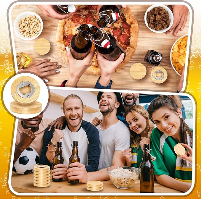 Vesici 24 Pcs Magnetic Bottle Opener 2.5in DIY Wood Round Shape Beer Openers Wooden Fridge Magnet Refrigerator Sticker Gift for Beer Lover Wedding Guest Kitchens Bars Parties