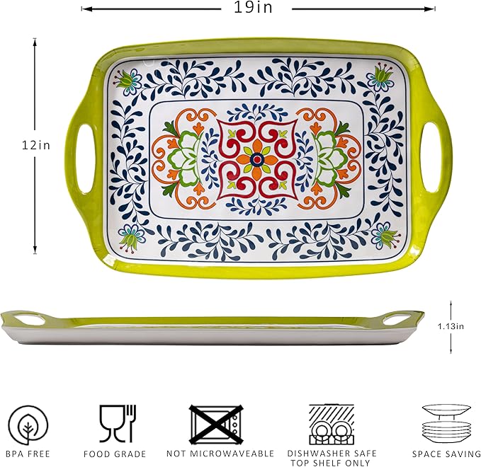 Large Serving Platter with Handles,19”x12”Large Rectangular Melamine Serving Tray Set of 2, Kitchen Food and BBQ Serving Platter, Talavera Grilling Prep and Serve Tray, Dishwasher Safe