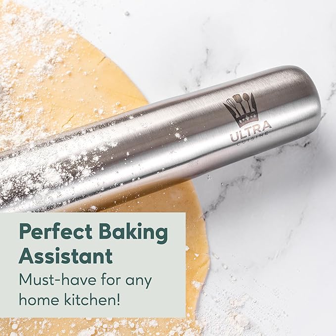 Ultra Cuisine French Rolling Pin for Baking – Use with Pizza, Cookie, and Pastry Dough, Fondant and Pie Crust – Tapered Design Bread Roller Pin, Stainless Steel 15.75-inch Large Roller Pin