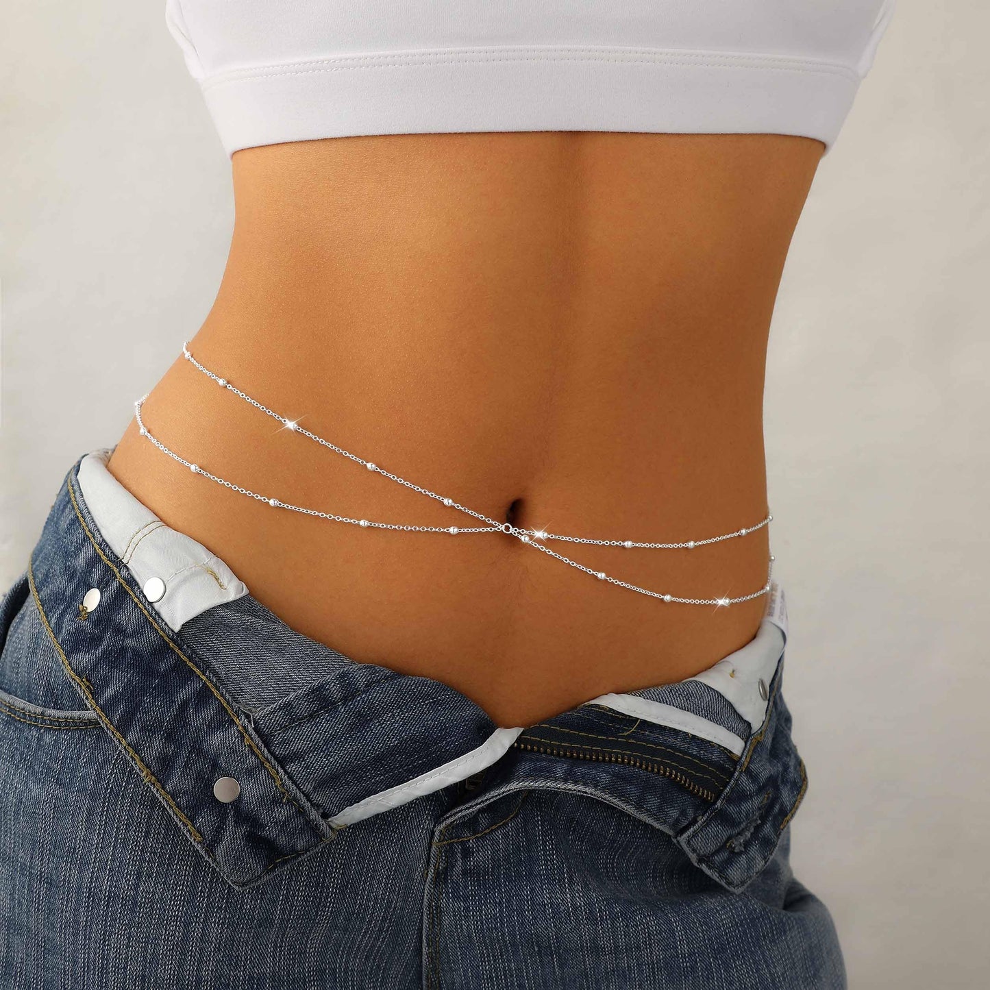 JIKASI Silver Plated Waist Chain for Women Dainty Layered Belly Chain Beaded Body Chain Belt Set Waterproof Summer Beach Bikini Jewelry Accessories Adjustable Waist Beads Gift
