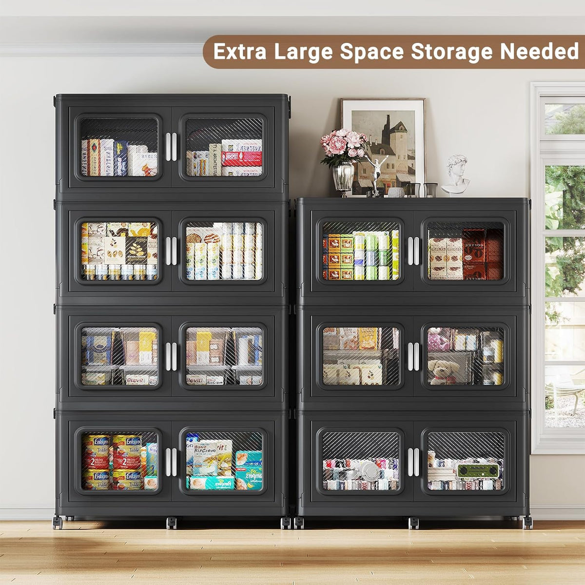 220 Qt Stackable Storage Bin with Lids, 55Gal Extra Large Collapsible Storage Boxes, Folding Plastic Drawer, Heavy-Duty Store Cabinet, Closet Organizer for Home Kitchen, 1 Pack Black