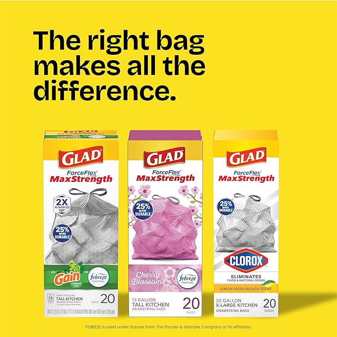 Glad ForceFlex MaxStrength with Clorox Trash Bags, 13 Gal, Eucalyptus, 34 Ct (Package May Vary)