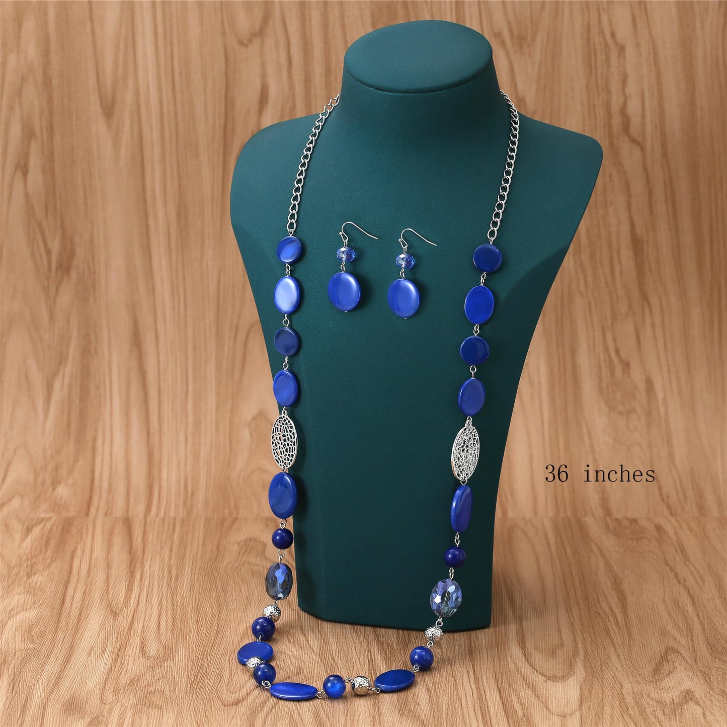 Aenu Beaded Long Necklace Set for Women Silver Gold Tone Sweater Chain Stone Crystal Beads Necklace Trendy Fashion Jewelry for Holiday Gifts (Blue)