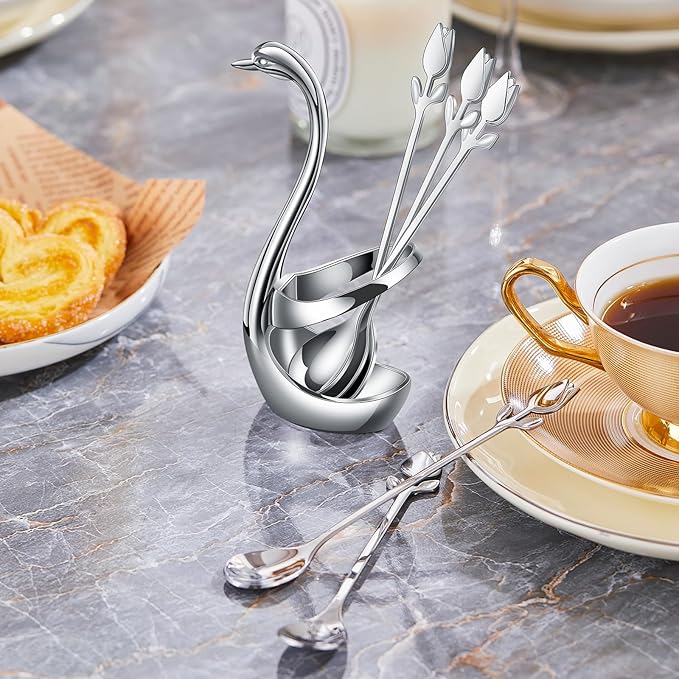 Silver Small Coffee Spoon Holder Set,Swan Base With 12 Pcs Demitasse Espresso Spoons Set,6" Mini Tulip/Rose Dessert Spoon,Stainless Steel Tea Spoons