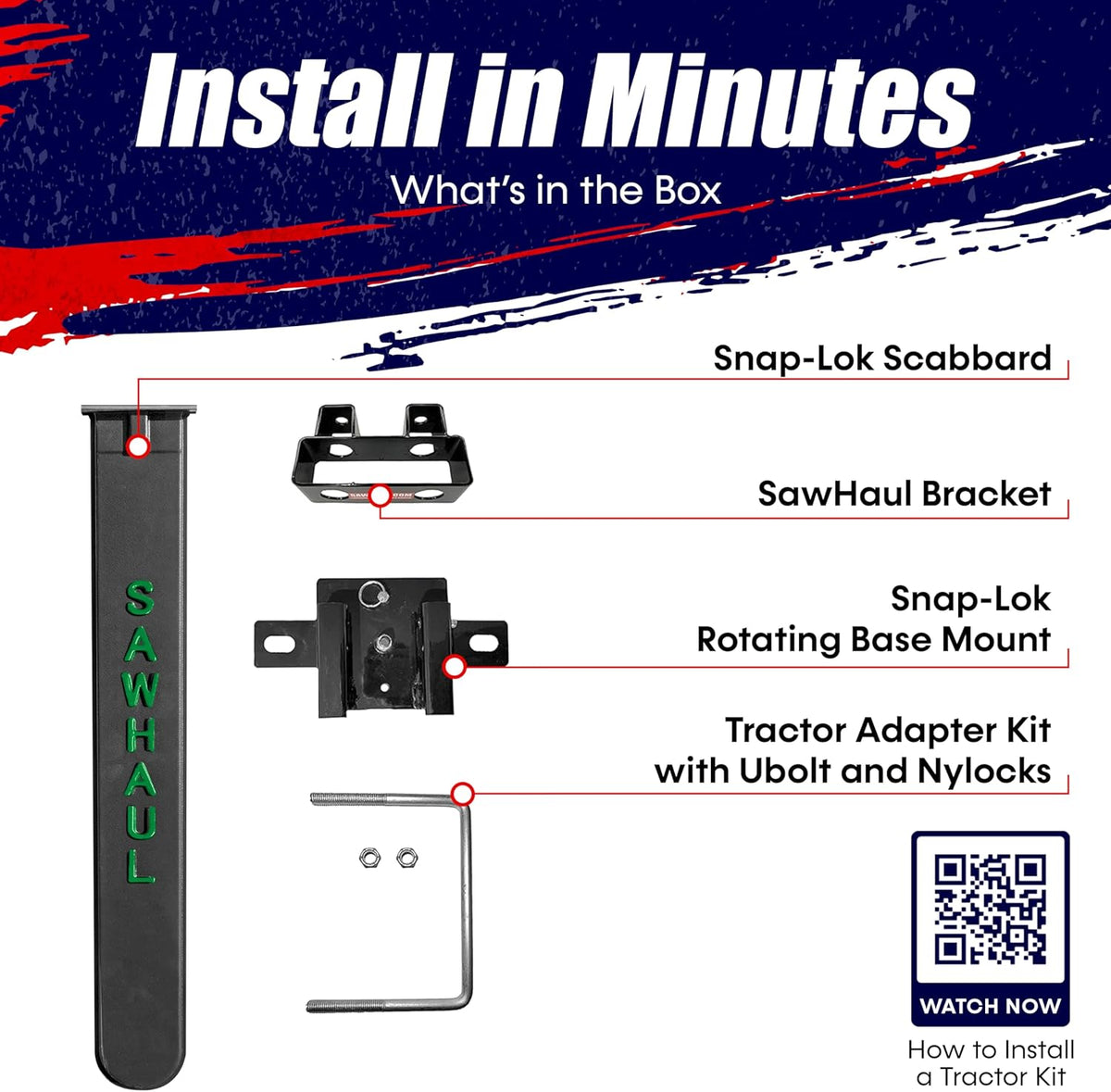 SawHaul Snap-Lok Universal Chainsaw Carrier Kit for Tractors and Skid Steers – 36 Inch Green Scabbard with Rotating Mount – Compatible with All Chainsaw Brands – Made in USA