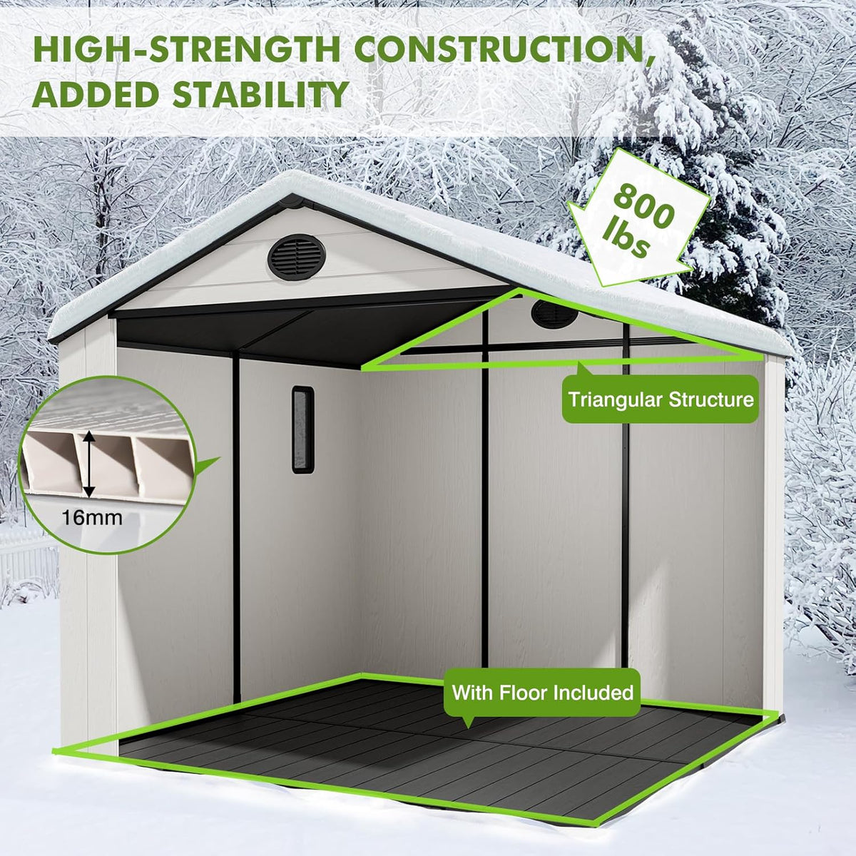 COOS BAY Resin Outdoor Storage Shed with Lockable Double Doors, Heavy-Duty Floor, All-Weather Garden Shed for Tools & Equipment, 8x6 ft, White/Gray