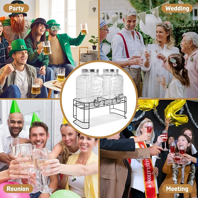 DD&HAPP Gallon Glass Drink Dispensers For Parties 2PACK.1.5Gallon Beverage Dispenser,Glass Drink Dispenser With Stand And Stainless Steel Spigot 100% Leakproof.Lemonade Dispenser With Ice Cylinder.