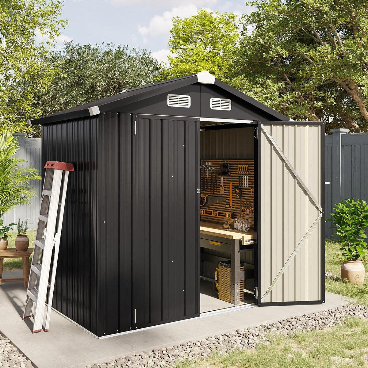 Aoxun 6.2x4 FT Shed Outdoor Galvanized Storage Shed with Large Lockable Doors for Lawn, Backyard, Patio (Black)