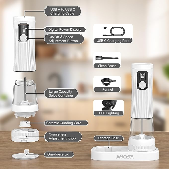 Electric Salt and Pepper Grinder Set, Upgrade 2-Speed Setting, External 5 Adjustable Coarseness, Rechargeable Automatic Salt & Pepper Shakers Mill with Battery Display, Storage Base & Led Light, White