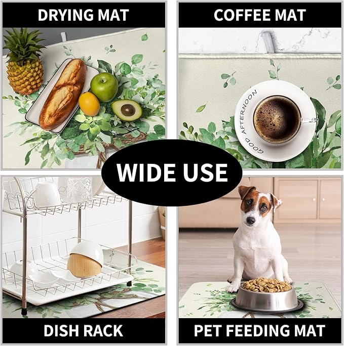Spring Sage Green Leaves Dish Drying Mat for Kitchen Counter Eucalyptus Leaf Floral Mason Jar Dishes Drainer Mats Absorbent Microfiber Dish Draining Mat Washable Large Dish Pad 18x24 Inch