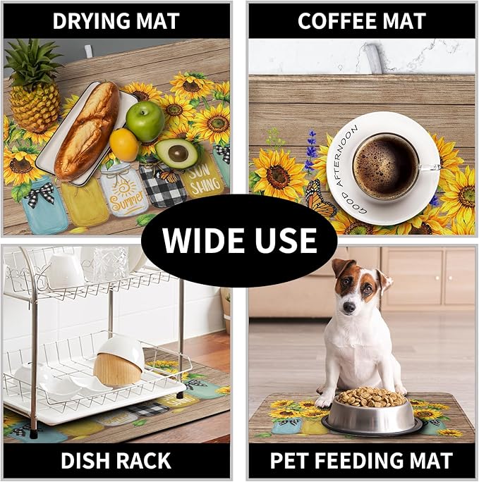Sunflower Dish Drying Mat for Kitchen 18x24 Inch Counter Rustic Vintage Floral Vases Wood Grain Drying Mats Microfiber Absorbent Dishes Drying Pad Spring Summer Flowers Dish Drainer Rack Mat