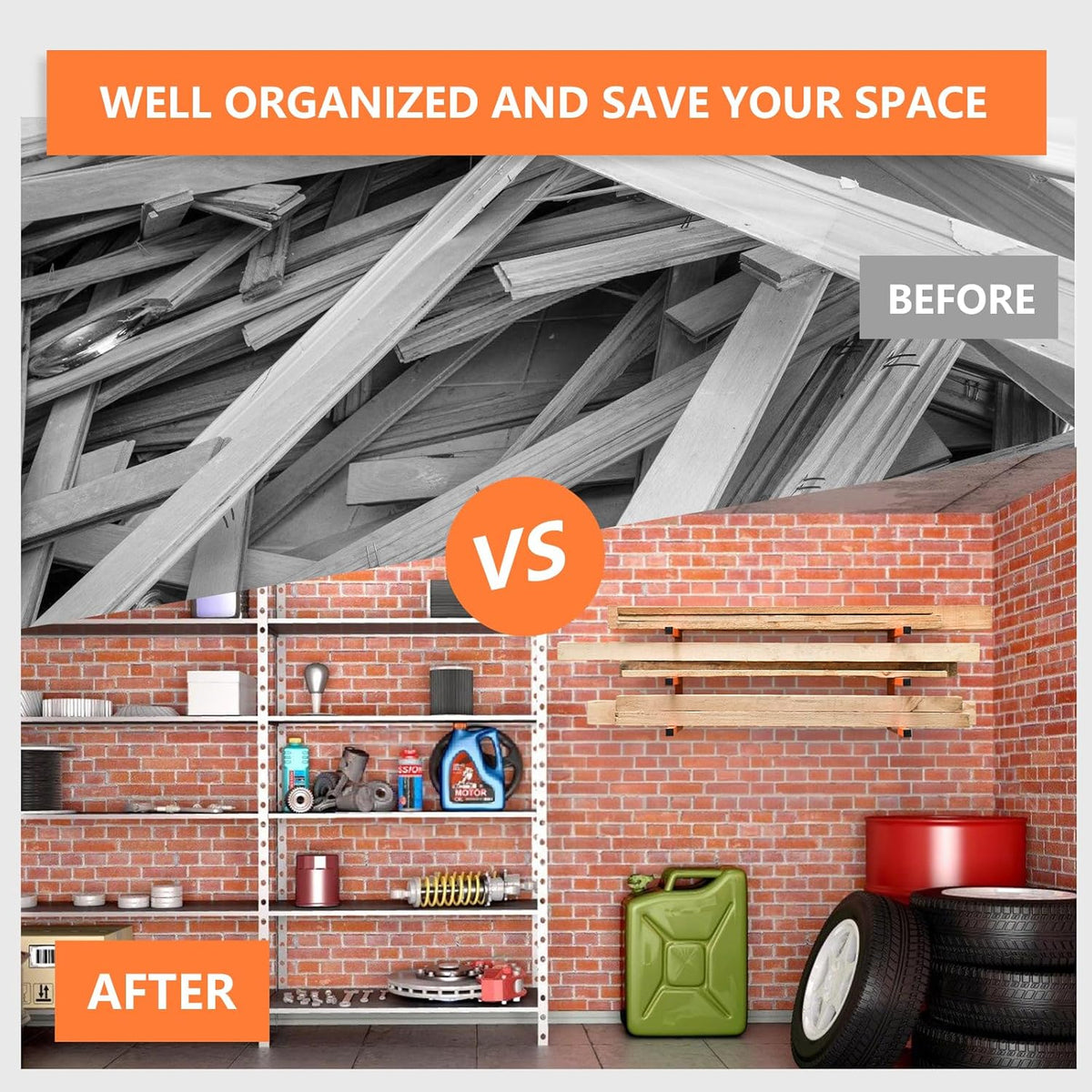 4 Pack Wood Organizer and Lumber Storage Rack Wall Mount, Heavy Duty Wood Storage Organizer Racks with 3-Level System for Garage, Workshop, Basement, Holds Up 220 LBS Per Level (Orange)