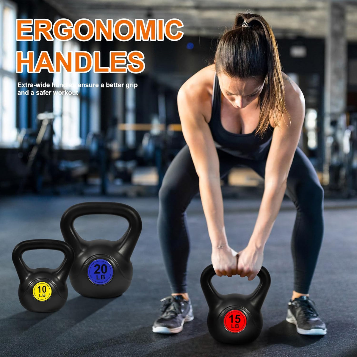 Fitvids Wide Grip 3-Piece or 4-Piece Kettlebell Exercise Fitness Weight Set, Include 5 lbs, 10 lbs, 15 lbs and 20 lbs, Set of 3 or Set of 4
