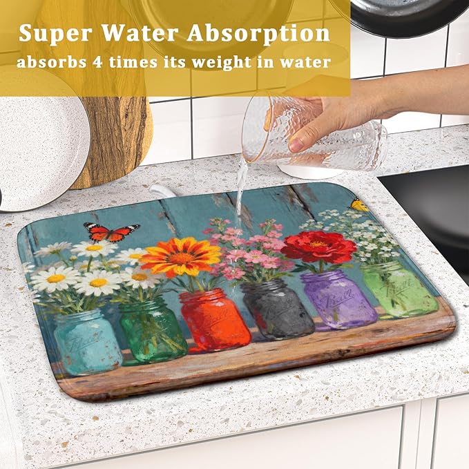 Small Dish Drying Mat for Kitchen Counter 16x18, Spring Summer Floral Decorative Absorbent Reversible Microfiber Kitchen Countertop Protector Dishes Drainer Pad