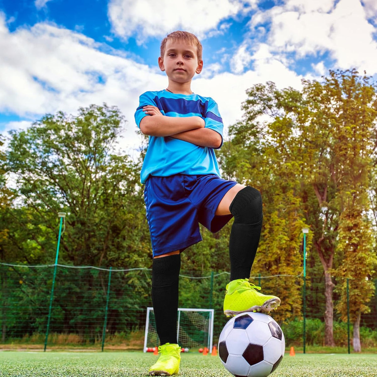 Youth Soccer Shin Guard Socks, Built-in Protective Pads, Kids Knee High Football Athletic Team Socks for Boys Girls