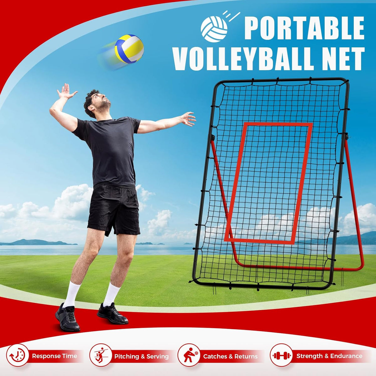 Volleyball Rebounder Net,Portable 7x4 ft Training Equipment for Spike and Smash Practice - 5 Rebound Angles Custom Target Area for Volleyball Sports Training