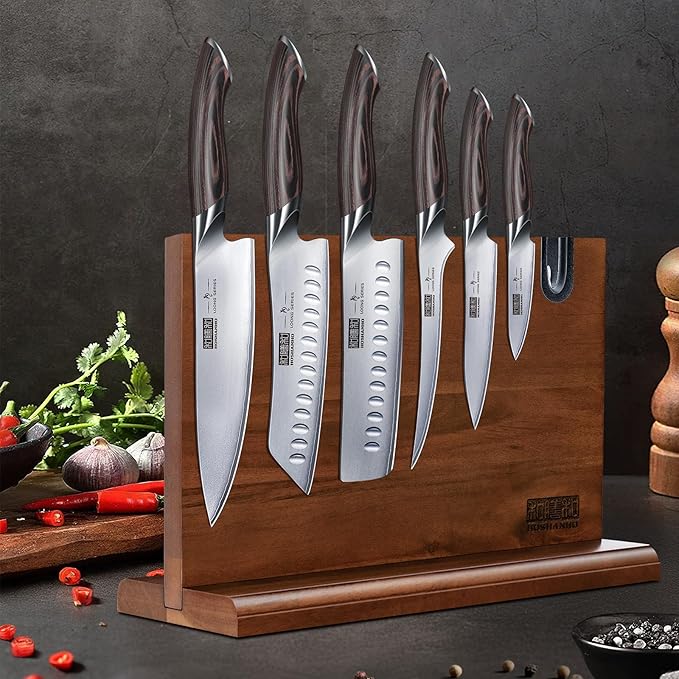 HOSHANHO 7 Pieces Kitchen Knife Set, Japanese High Carbon Stainless Steel Magnetic Knife Block Set, Ultra Sharp Chef Knives Sets with Ergonomic Pakkawood Handle