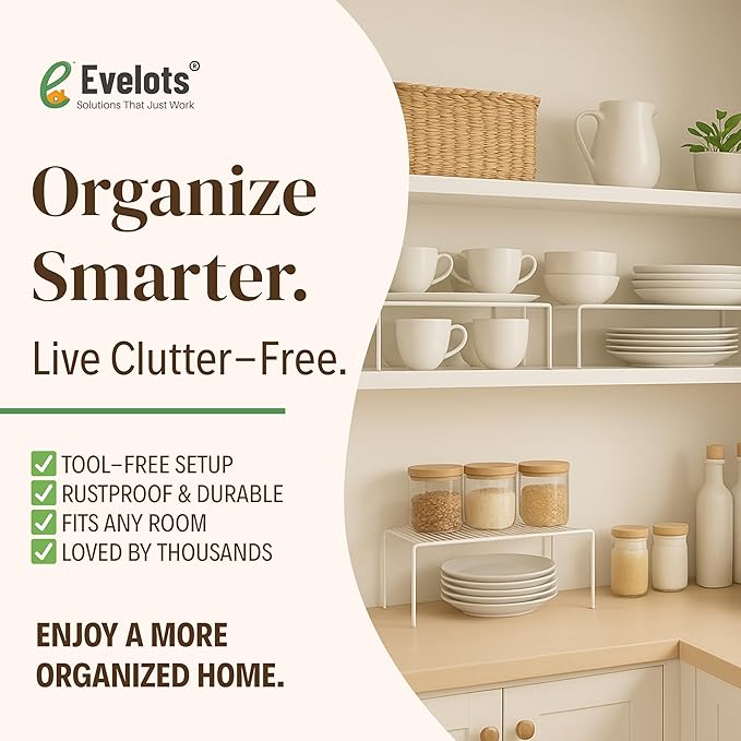 Evelots Kitchen Cabinet Wire Shelf Organizer/Rack - 4 Pack Sturdy Metal Shelf Risers - Double Your Counter Space - Great for Kitchen, Freezer, Pantry and Bathroom - Rustproof - White
