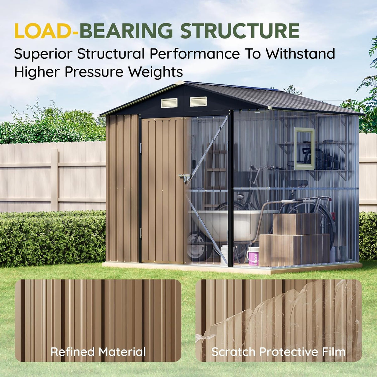 Breezz 8x6FT Outdoor Steel Storage Shed with Clear Window, Lockable Doors, Weather-Resistant Metal Tool Shed for Garden, Backyard, Patio, and Utility Storage.Brown
