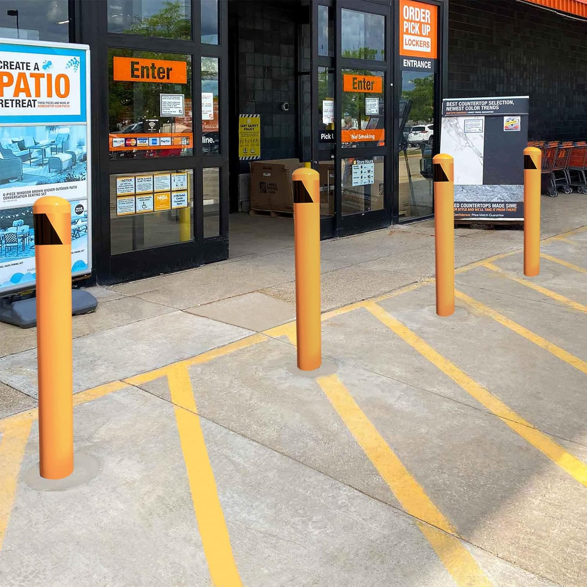 58" High 5-1/2" OD Steel Bollard Post Underground Mount, Cap Removable Safety Bollard Yellow Powder Coat, Metal Bollard Parking, Safety Barrier