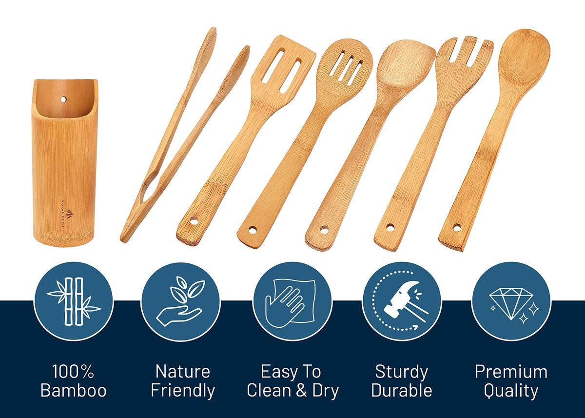 RoyalHouse Wooden Kitchen Utensils Set, 7 Piece Bamboo Cooking Tools and Holder Cooking Spoons and Spatulas, Kitchen Tools, Wood Tool Utensil Sets for Nonstick Pan and Cookware