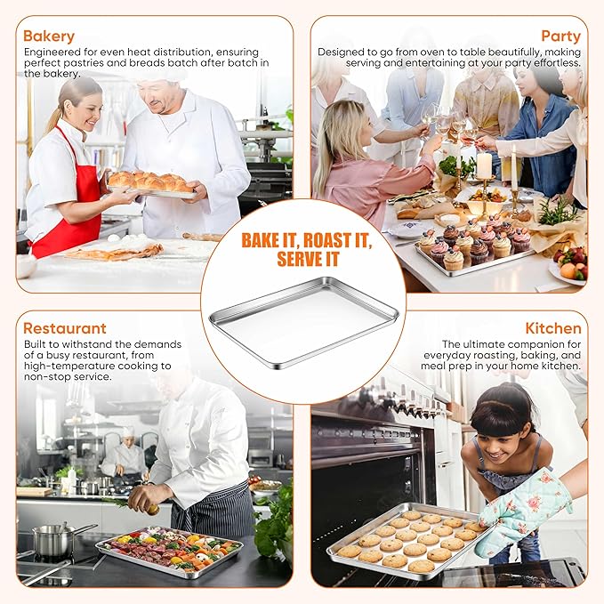 LIANYU Baking Sheet Pans Set of 3, Stainless Steel Cookie Sheets for Baking, 17.5/16/12.4 Inch, Half/Quarter/Jelly Roll Pans for Oven, Mirror Finish Metal Tray, Heavy Duty & Rust Resistant
