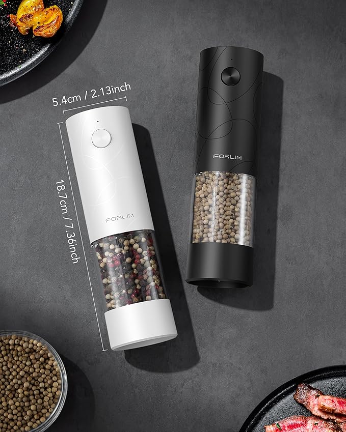 FORLIM Electric Salt and Pepper Grinder Set, USB Rechargeable, Automatic Salt Pepper Mill Grinder with Dust Cover, One-Button Control, Adjustable Coarseness, White LED Light (2 Packs, Black)