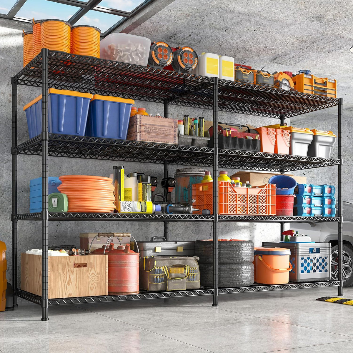 REIBII 81.5''W Storage Shelves 3680LBS Garage Shelving Heavy Duty 4 Tier Metal Shelving Unit Adjustable Wire Shelf and Storage Pantry Shelves for Kitchen Garage,81.5Wx23.62Dx70.86H,Black