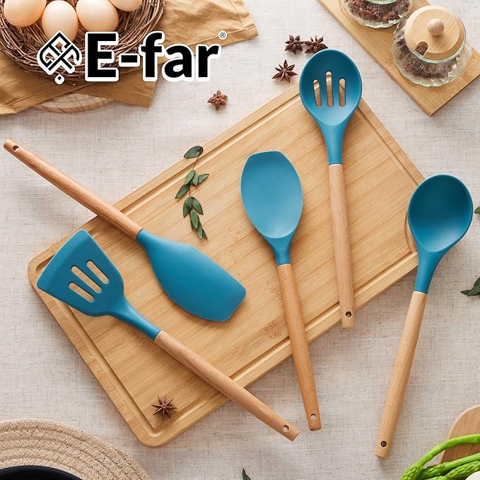 E-far Silicone Cooking Utensils Set, 5-Piece Kitchen Utensils Set with Wooden Handle for Cooking, Silicone Kitchen Nonstick Tools Spatula Turner Slotted Spoons, Nontoxic & Heat Resistant-Blue