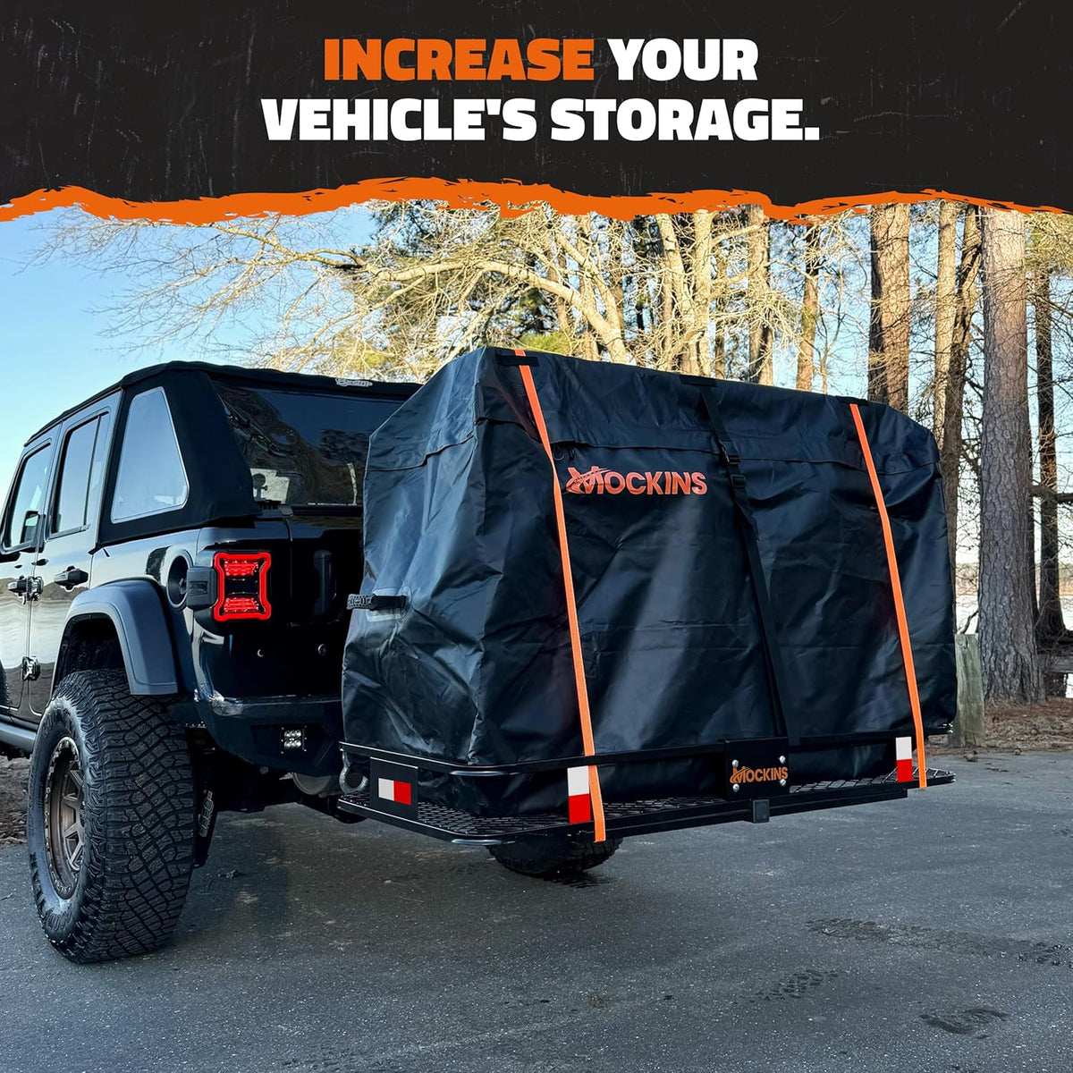 Mockins 60"x24"x6" Weatherproof Trailer Hitch Cargo Carrier & 25 Cu.Ft. Waterproof Cargo Bag | 500 Lbs. Capacity Folding Luggage Rack for Car Hitch w/All-Weather Truck Bed Storage Bag & Accessories