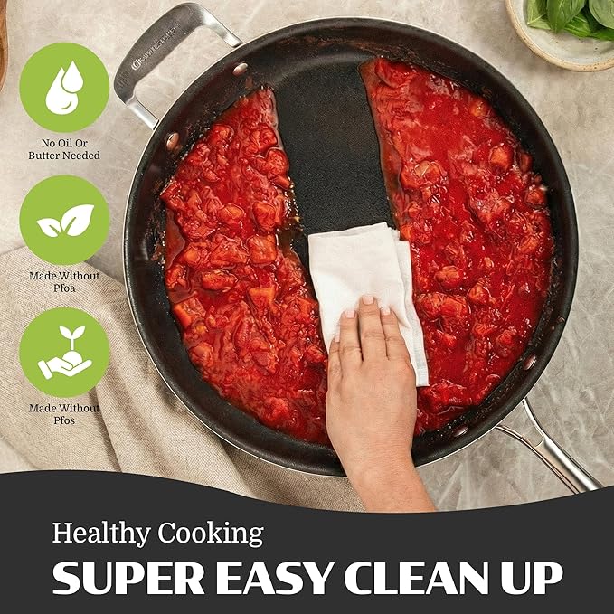 Granitestone Ceraluxe 14 Inch Frying Pan with Lid, Family Sized Large Frying Pan Skillet with Ceramic Nonstick Coating, Non Toxic PFOA Free, Oven and Dishwasher Safe - Black