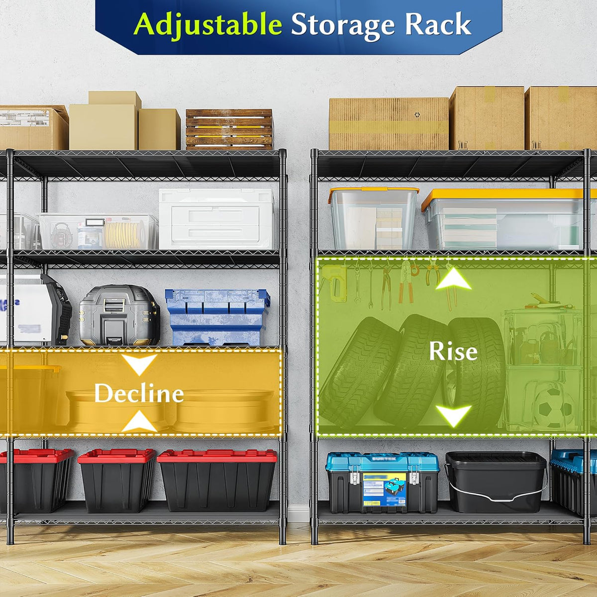 52.36" W Storage Shelves Metal Shelving Unit Load 1400LBS 5 Tier Wire Rack for Storage Adjustable Garage Shelving Heavy Duty Shelves for Pantry Kitchen Garage, 52.36W x13.78Dx70.8H
