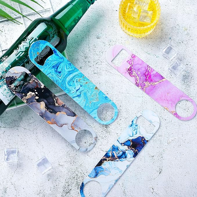 4 Pcs Flat Bottle Opener Heavy Duty Stainless Steel Bottle Opener Beer Flask Tools for Kitchen Bar Restaurant, 7 Inches(Marble Print)