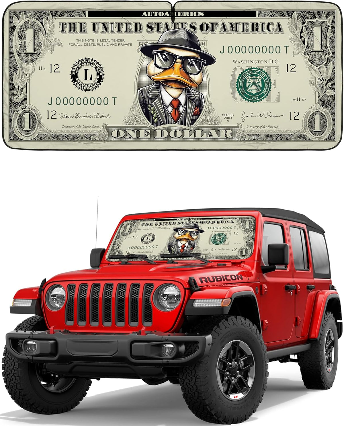 Autoamerics JeepWrangler Dollar Duck 1-Piece Windshield Sun Shade Foldable Car Front Window Sunshade - Best Heat Shield Reflector Cover - Blocks Max UV Rays & Keeps Your Vehicle Cool