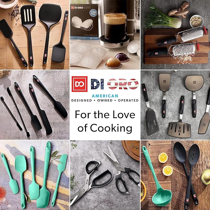 DI ORO Silicone Spoons for Cooking - Large Kitchen Spoons for Mixing, Serving, & Stirring - 600°F Heat-Resistant Non Stick Utensils – Big Solid & Slotted Basting Spoons - Dishwasher Safe (2pc, Mint)