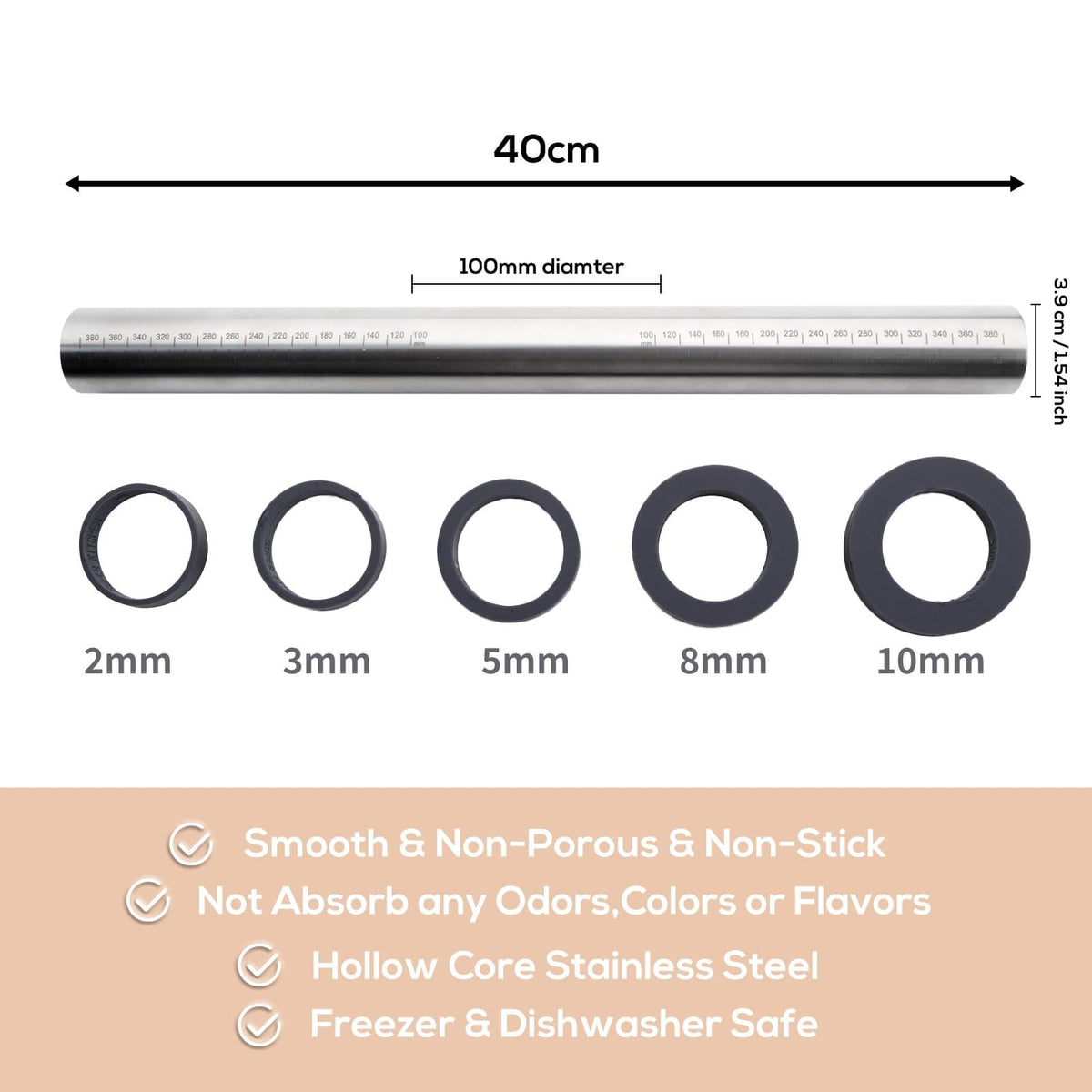Adjustable Rolling Pin with Thickness Rings for Baking -Non Stick Stainless Steel Dough Roller Pin with Bands for Cookie,Wood,Wooden and Bread (Grey, 15.8 '')