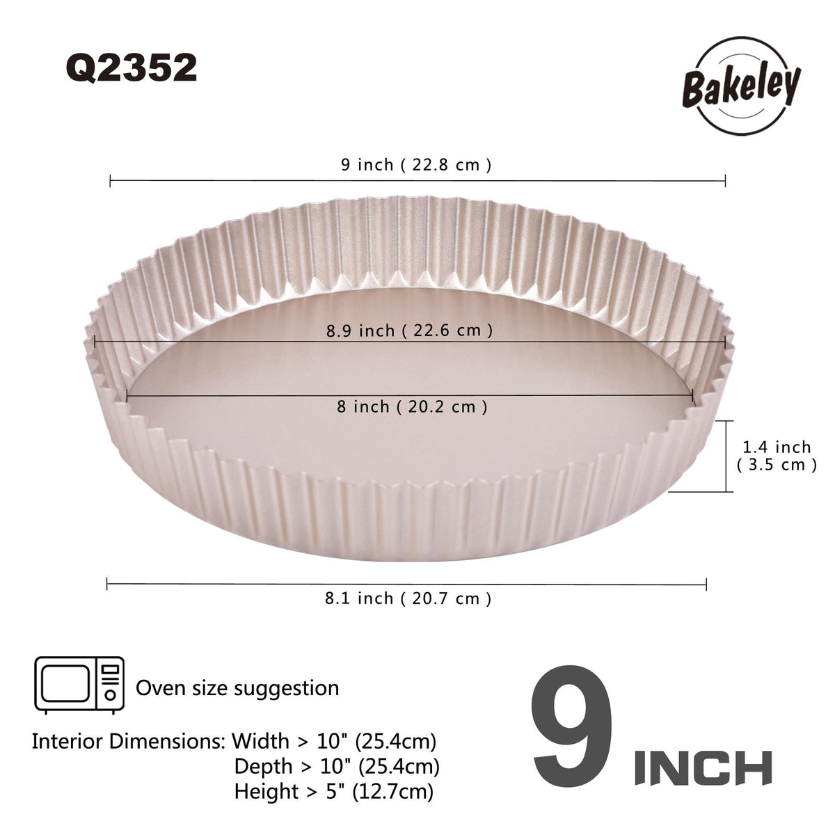 Bakeley 9-Inch Round Tart Pan with Loose Removable Bottom, Non-Stick Carbon Steel Quiche Pan for Oven Baking (Champagne Gold)