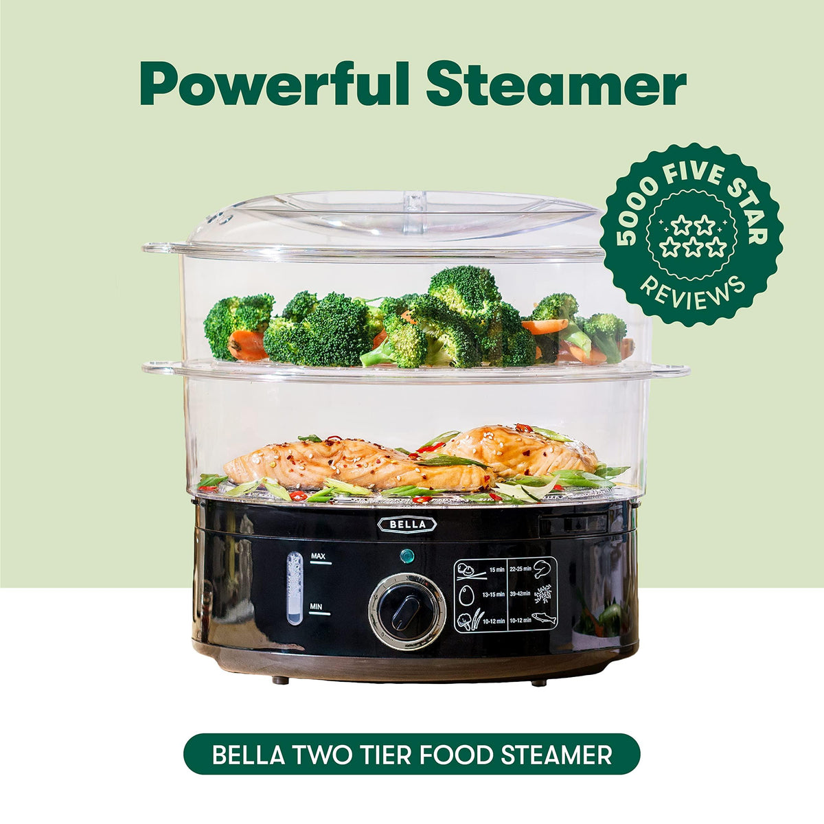 BELLA Two Tier Food Steamer with Dishwasher Safe Lids and Stackable Baskets & Removable Base for Fast Simultaneous Cooking - Auto Shutoff & Boil Dry Protection, 7.4 QT, Black