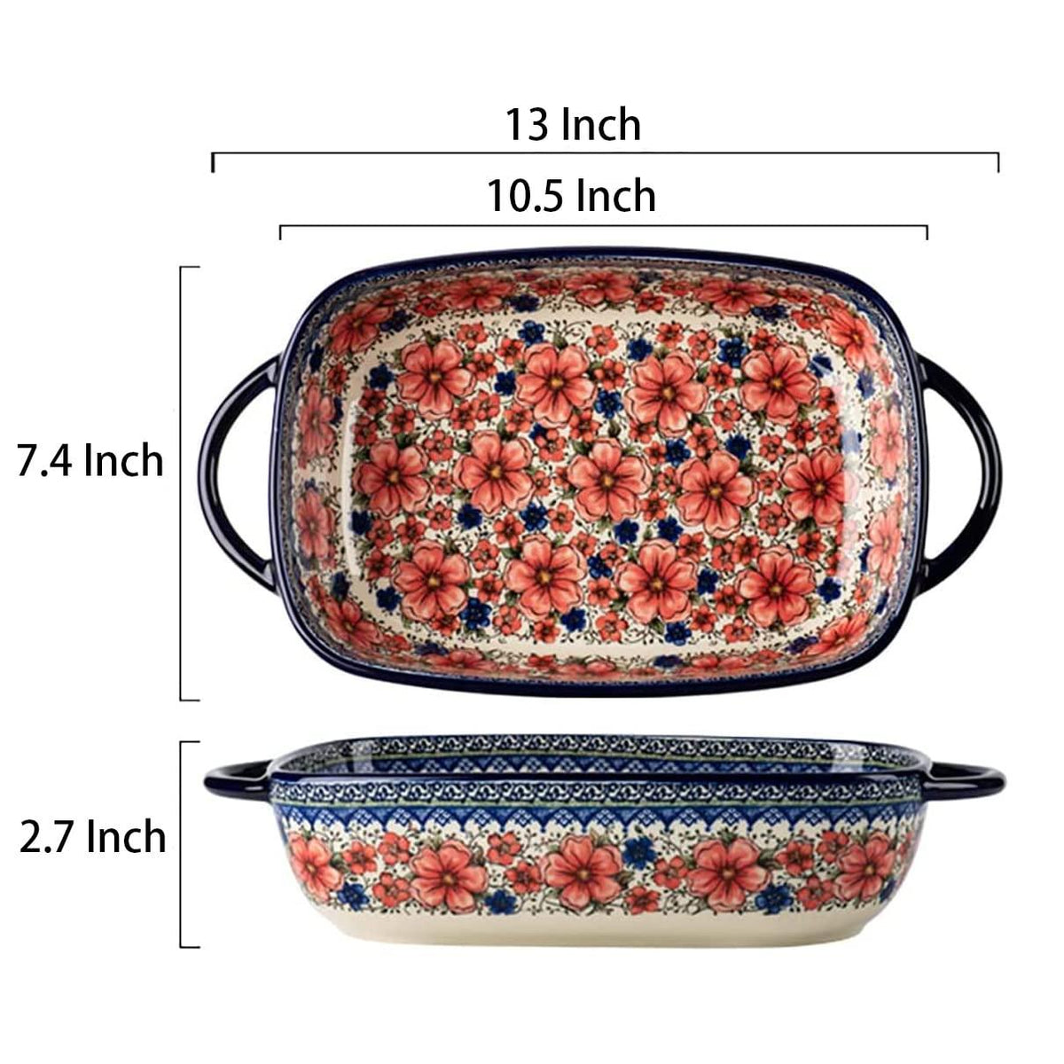 Bicuzat Vintage Style Pottery Bakeware Ceramic Casserole Dish Baking Pan Lasagna Pans Baking Dish with Handles for Oven/Cooking/Kitchen-1 PCS, Large Capacity, 60 OZ
