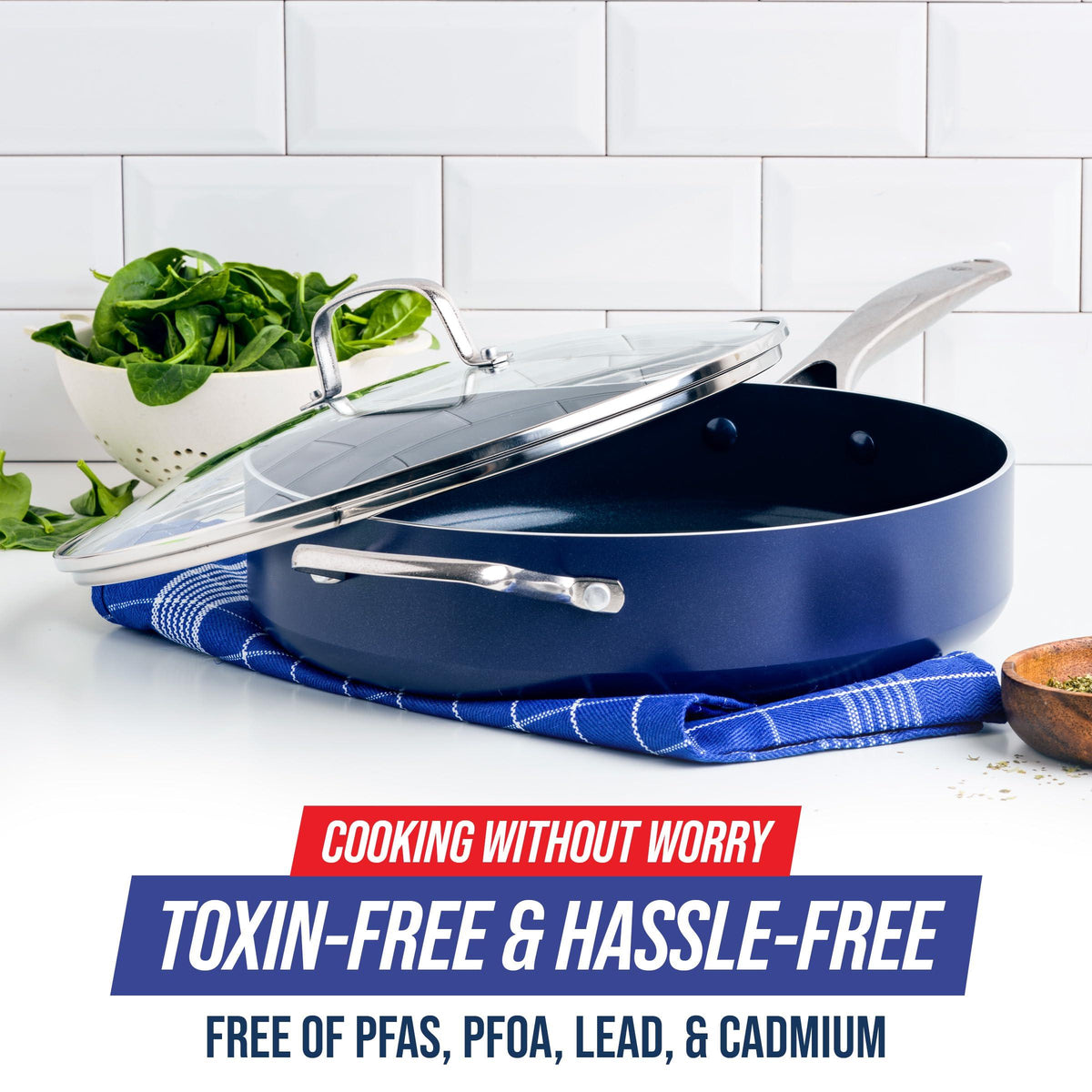 Blue Diamond Cookware Diamond Infused Ceramic Nonstick 5QT Saute Pan Jumbo Cooker with Helper Handle and Lid, PFAS-Free, Dishwasher Safe, Oven Safe, Blue