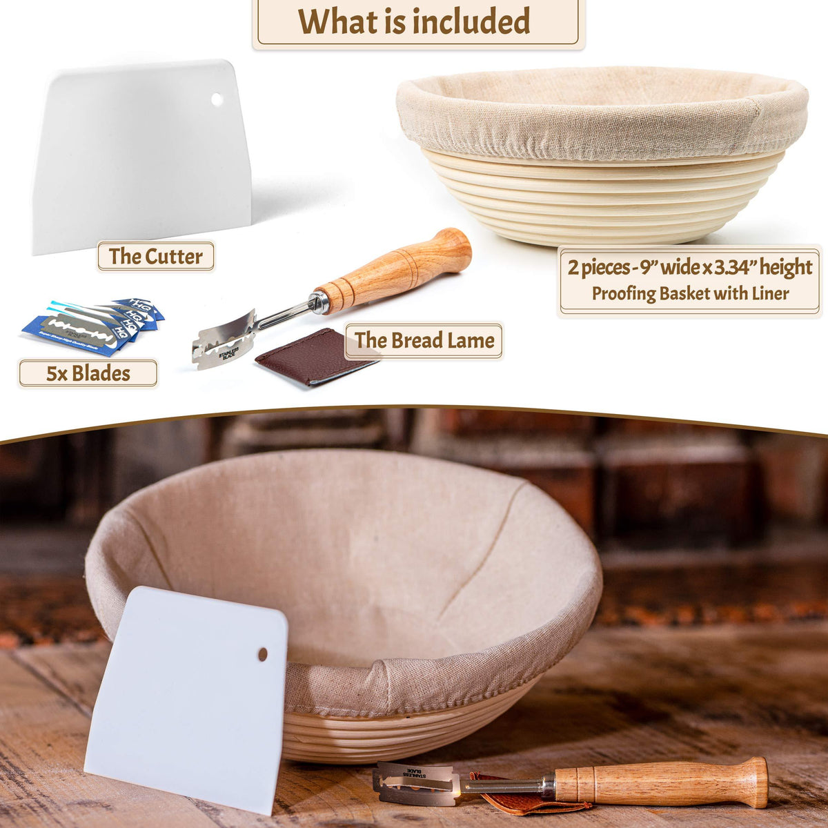 Bread Banneton Proofing Basket, Round 9" Set of 2, Sourdough Bread Baking Supplies Starter Kit, Bread Making Tools, Bread Basket Gift Set, by Criss Elite