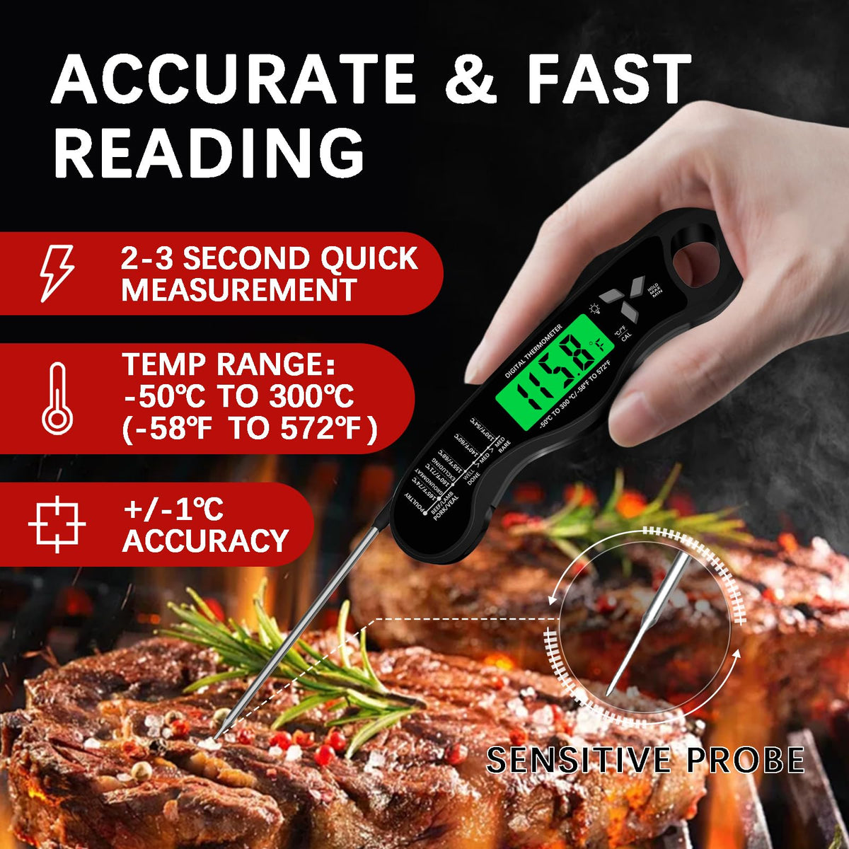 Cooking Thermometer,IP67 Waterproof Digital Meat Thermometer with Backlight, Calibration & Hold Function,Food Thermometer for Cooking,Outdoor Grilling,Candy Making