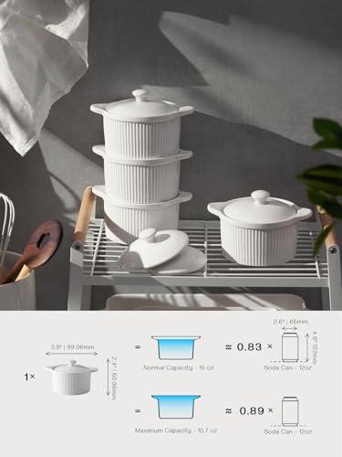 DOWAN 10 oz Ramekins with Lids Oven Safe, Porcelain White Ramekins for Creme Brulee, Souffle Dish, Stackable Ramekins with Cover and Handle for Baking, Set of 4, White