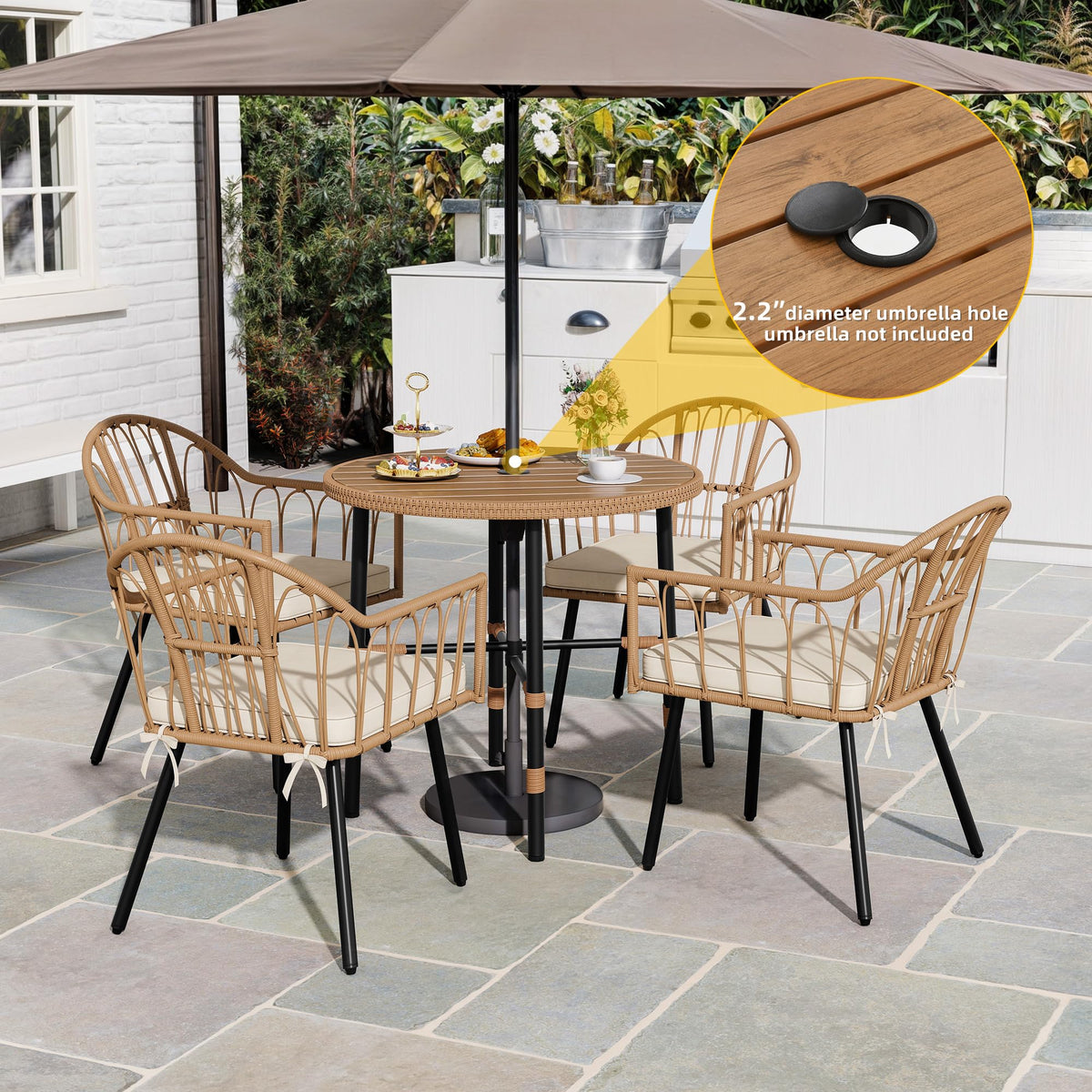 DWVO 5 Piece Patio Dining Sets, Outdoor Dining Furniture Set with 2" Umbrella Hole, Wicker Rattan Round Table and Chairs Set with Comfortable Cushions for Patio, Balcony, Backyard, Beige