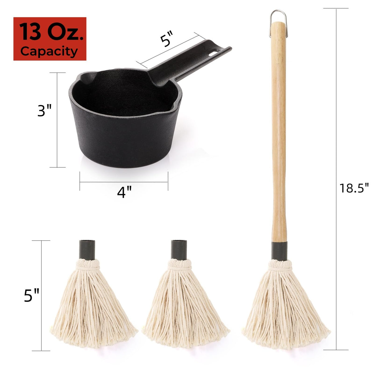Eorbow Cast Iron Sauce Pot and BBQ Mop Brush Set for Grilling, 4 Pcs Barbecue Accessories Include Basting Melting Saucepan, Wooden Sauce Mop with 2 Replacements for Meat Smoker, Grill, Stove