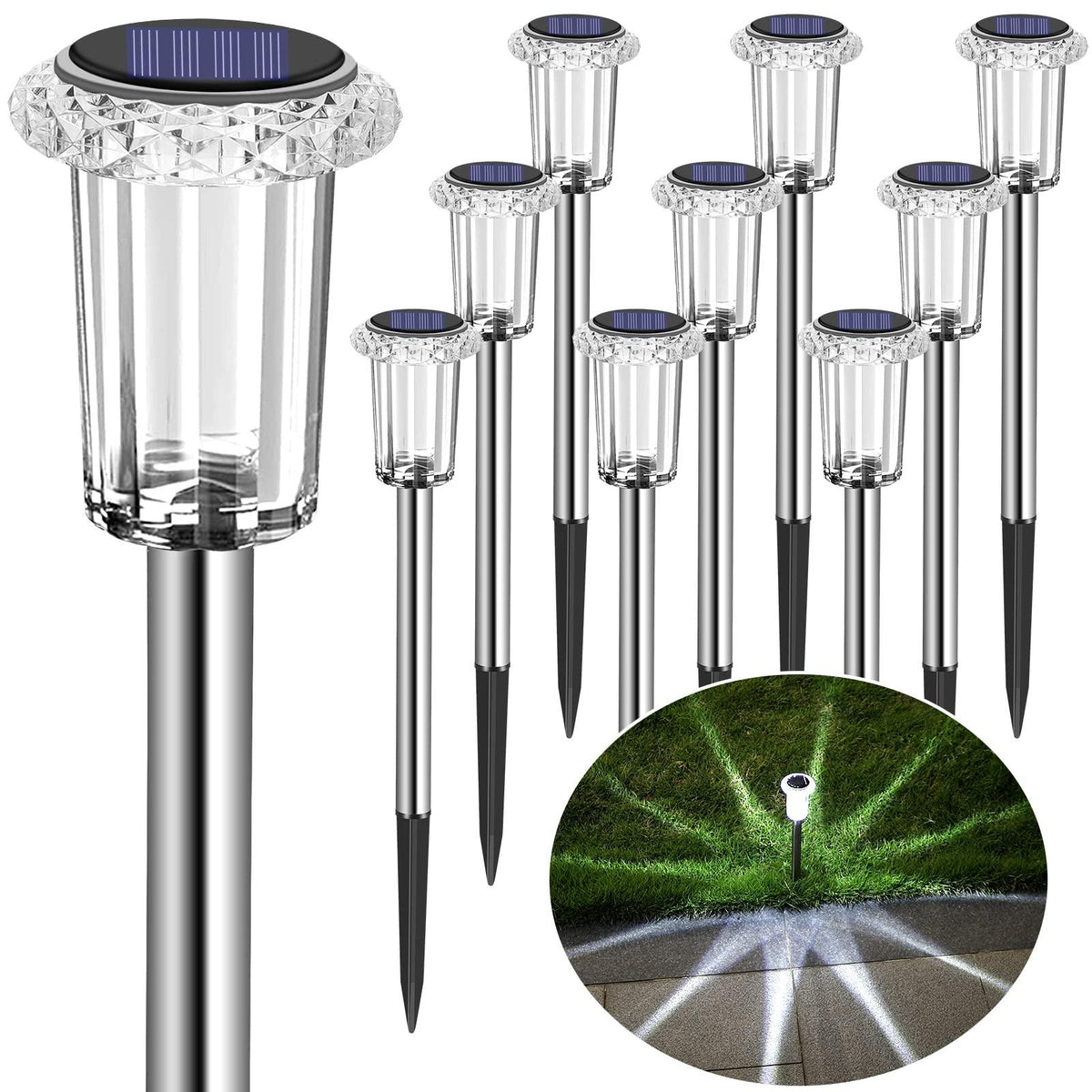 Eyrosa Solar Outdoor Lights, 10 Pack Waterproof Stainless Steel Solar Stake Lights for Pathway Garden Yard Path Walkway Driveway Lawn Decor - Cool White