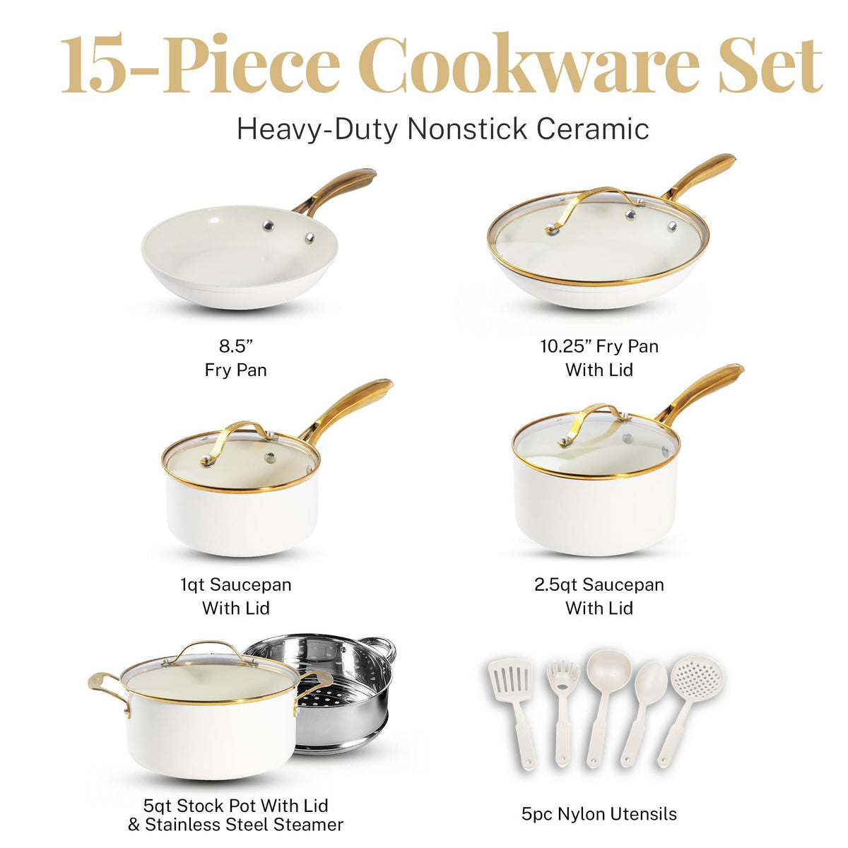 Gotham Steel 15 Pc Pots and Pans Set Non Stick Cookware Set, Pot and Pan Set, Kitchen Cookware Sets, Ceramic Cookware Set, Nonstick Cookware Set, Pot Set, Dishwasher Safe, Non Toxic, Cream White