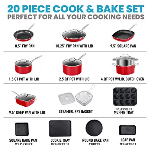 Granitestone Red Pots and Pans Set Nonstick, 20 Pc Kitchen Cookware Set & Bakeware Set with Mineral & Diamond Coating, Long Lasting Nonstick, Ultra Durable, Oven and Dishwasher Safe, 100% Toxin Free